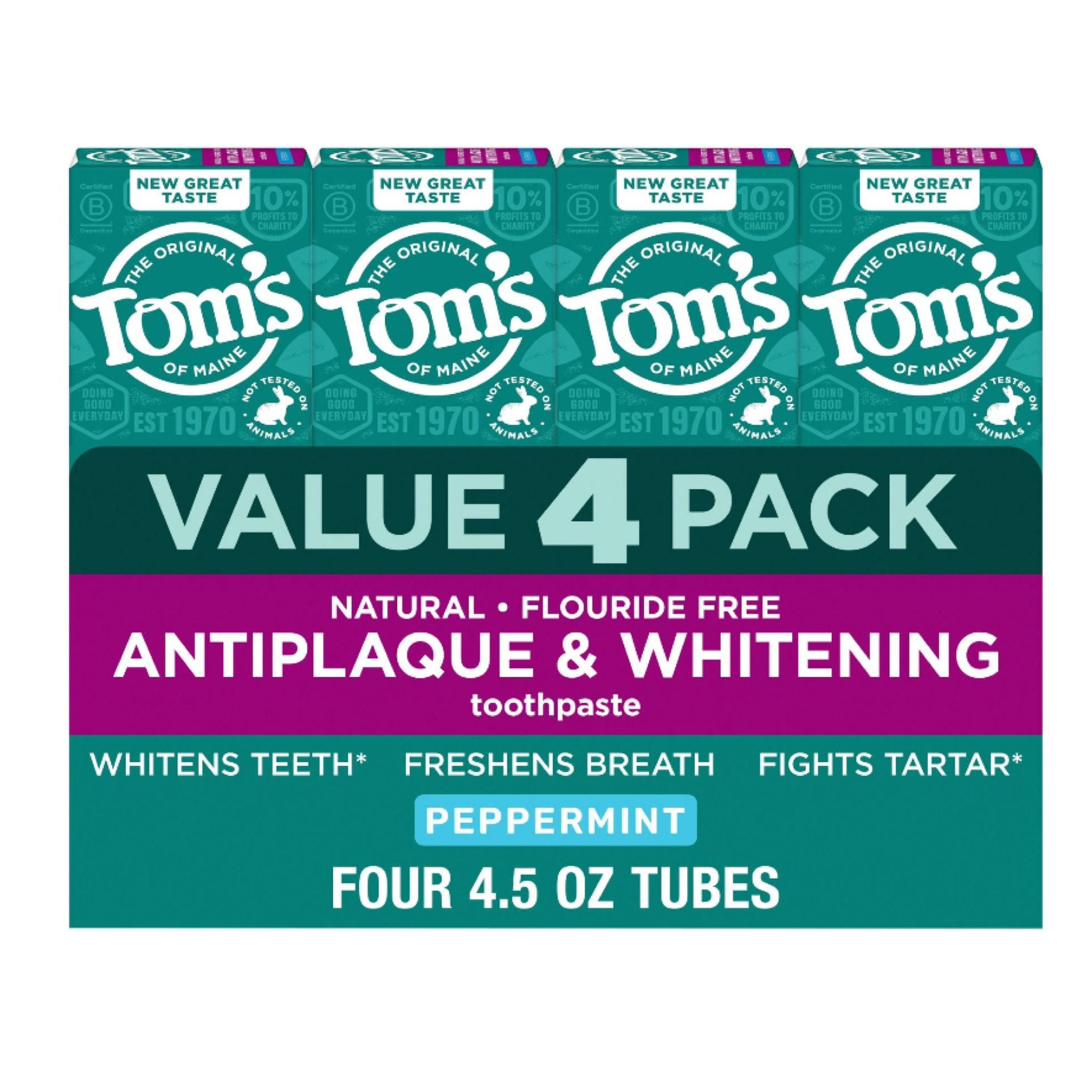 Tom's of Maine Antiplaque and Whitening Fluoride Free Mint
Toothpaste, 4 pk./4.5 oz.
