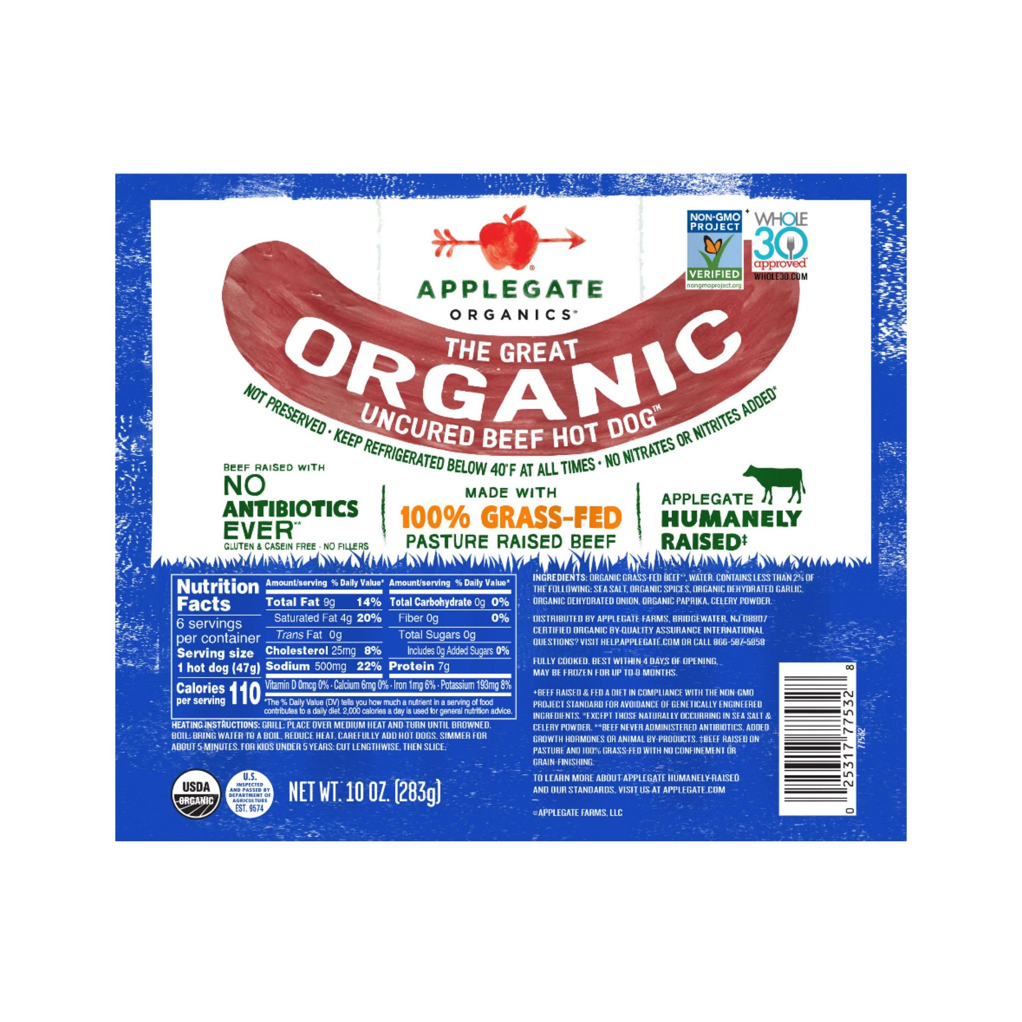 Applegate Organics Uncured Beef Hot Dogs, 20 oz.